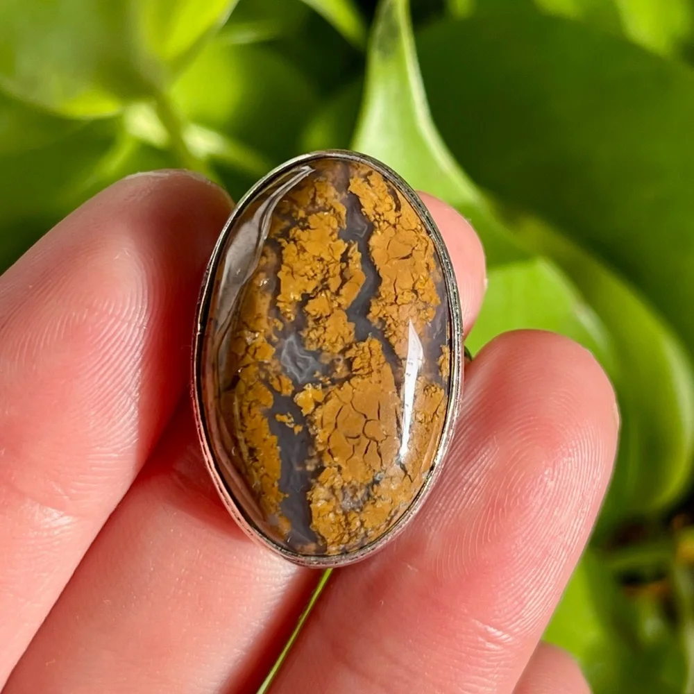 Size 7.75 925‎ silver overlay yellow moss agate ring
